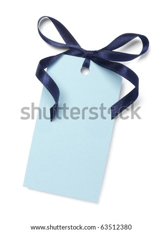 close up of  card note with blue ribbon on white background  with clipping path