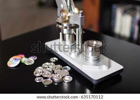Pins press machine with empty pins and ready pins. Press button maker for 2,5 cm badge. Machine for DIY fashion button, pins and magnet