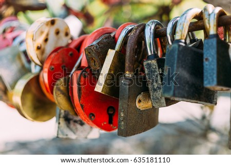 Many love locks or padlocks, selective focus, copy space, symbol of loving hearts concept