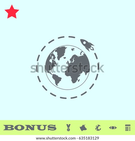 Planet with rocket icon flat. Simple gray pictogram on blue background. Illustration symbol and bonus icons medal, cow, earth, eye, calculator