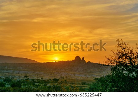View on sunset in Cappadocia. Nevsehir Province. Turkey