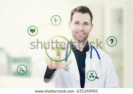 Doctor touching screen with icons. Futuristic medicine. Doctor medical technology icon healthcare screen touching data concept