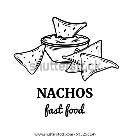 Hand drawn nachos icon. Vector badge fast food sketch style for brochures, banner, restaurant menu and cafe