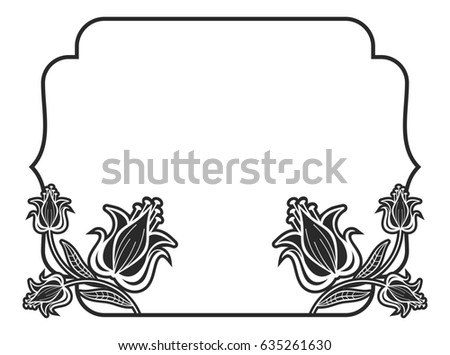 Black and white abstract frame. with decorative flowers. Copy space. Raster clip art.