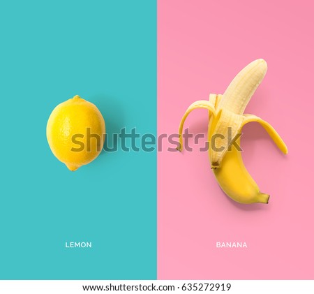 Creative layout made of lemon and banana. Flat lay. Food concept.