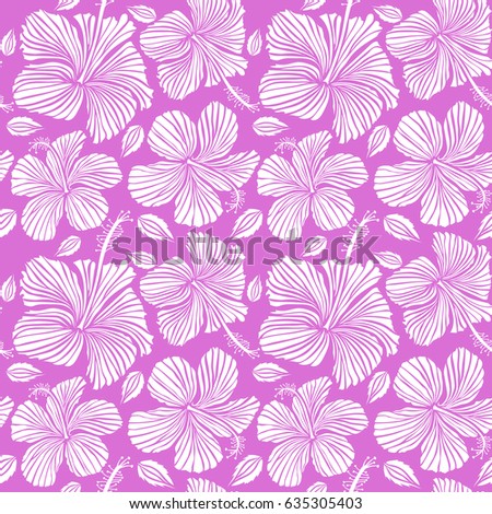 Pattern in white color with tropic summertime motif may be used as texture, wrapping paper, textile design. Vector seamless pattern of tropical hibiscus flowers, dense jungle. Hand painted.