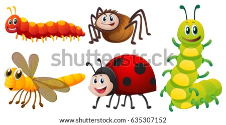 Different types of bugs on white background illustration