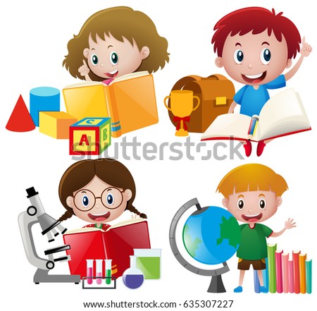 Boy and girl with school equipments illustration