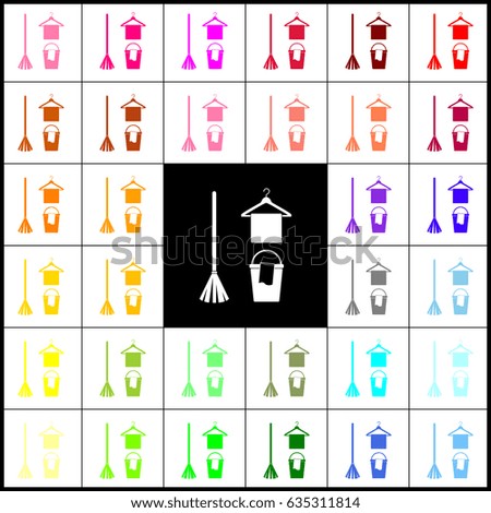 Broom, bucket and hanger sign. Vector. Felt-pen 33 colorful icons at white and black backgrounds. Colorfull.