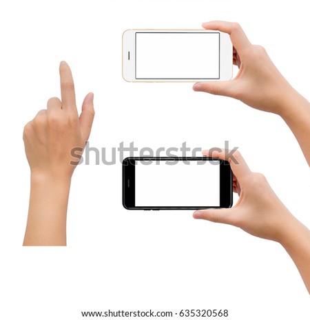 Close-up image of two human hand holding black and white blank screen smartphone with hand in touching gesture isolate on white background with clipping path Royalty-Free Stock Photo #635320568