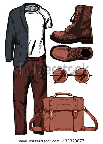Vector illustration of a male casual clothing look: sport jacket, white t-shirt, pants, accessories: round sunglasses, brown combat boots, and messenger bag.