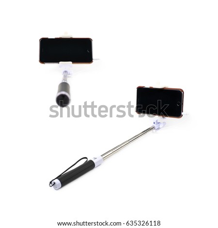 Selfie stick with the mounted in smart phone, composition isolated over the white background, set of two different foreshortenings
