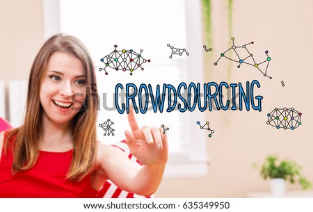 Crowdsourcing concept with young woman in her home 
