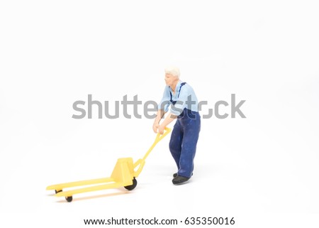 Miniature people delivery men worker concept on white background with a space for text