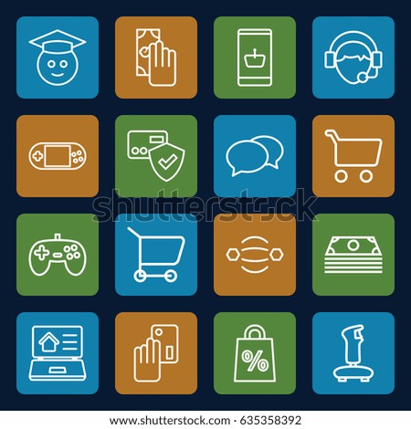 Online icons set. set of 16 online outline icons such as chat, portable console, operator, real estate on laptop, graduate emoji, cash payment, creadit card payment