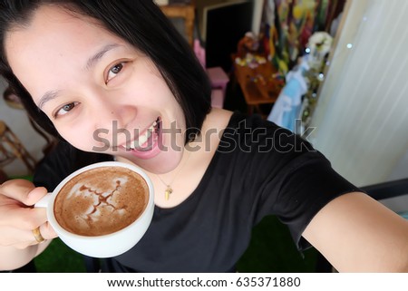 selfie Thai woman with coffee, self portrait