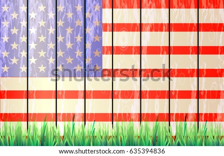 American flag on the background of a wooden fence in the backyard. Illustration for your design. Fourth of July. Day of independence. USA