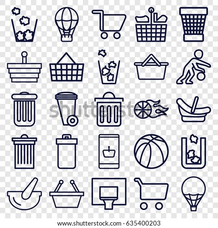 Basket icons set. set of 25 basket outline icons such as trash bin, baby basket, basketball, bucket, delete trash bin, shopping cart