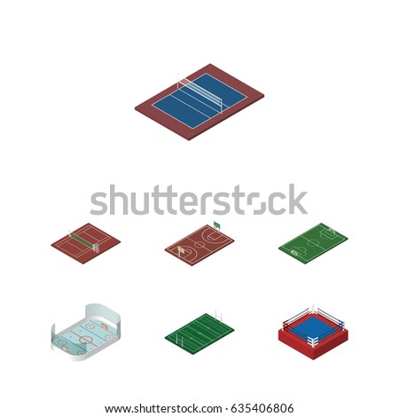 Isometric Competition Set Of Ice Games, American Football, Volleyball And Other Vector Objects. Also Includes Stadium, Tennis, Hockey Elements.