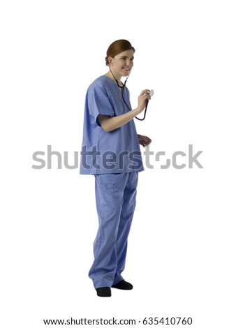 Doctor or nurse in hospital surgical scrubs isolated on white background