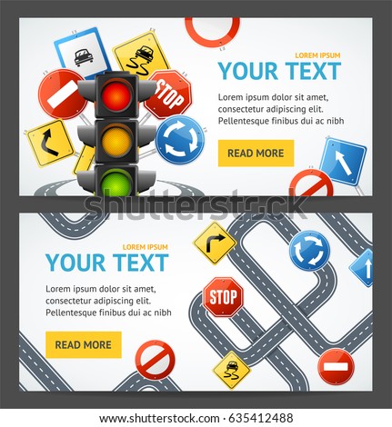 Road Sign Drive School Flyer Banner Posters Card Horizontal Set Education Driving Rules. Vector illustration Royalty-Free Stock Photo #635412488