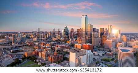 Dallas, Texas cityscape with blue sky at sunset, Texas Royalty-Free Stock Photo #635413172