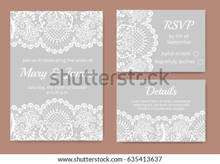 Wedding cards set with white lace border on gray background