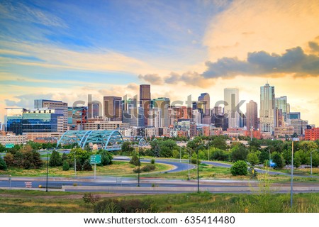 Panorama of Denver skyline long exposure at twilight. Royalty-Free Stock Photo #635414480