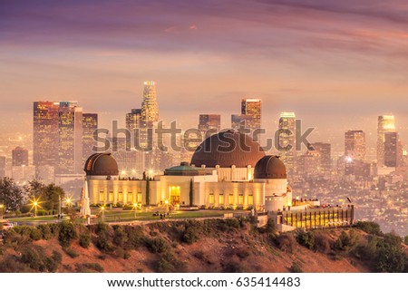 The Griffith Observatory and Los Angeles city skyline at twilight CA