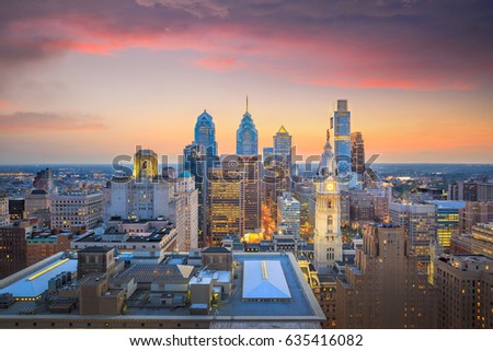 Skyline of downtown philadelphia at sunset in USA