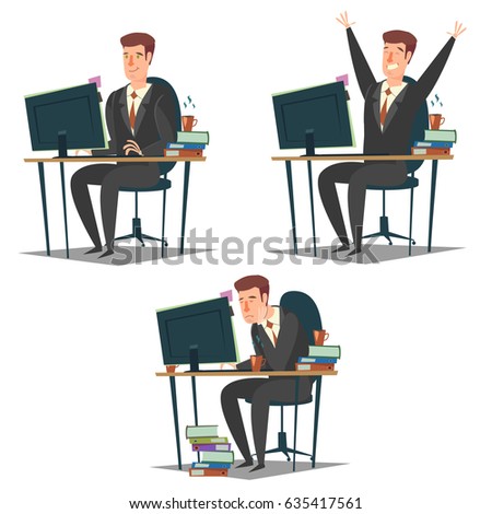 Vector icons set of office men sitting at office desk and working on computer isolated on white background. Happy, smiling and tired white collar workers.