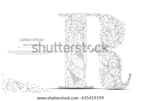 Abstract mash line and point the letter R on white background with an inscription. Starry sky or space, consisting of stars and the universe. Vector business illustration