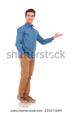 full body picture of a casual presenting something  on white background