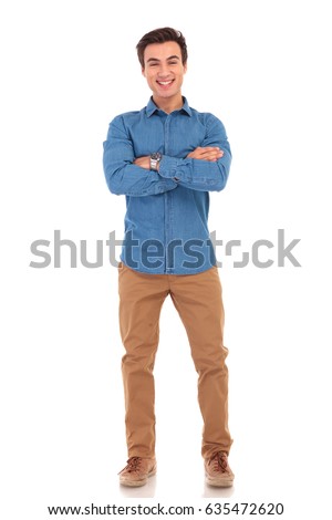 full body picture of a laughing casual man with hands crossed on white background