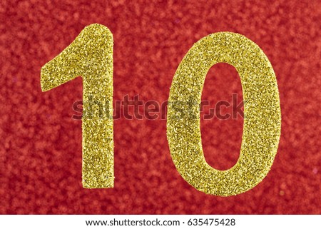 Number ten yellow color over a red background. Anniversary. Horizontal