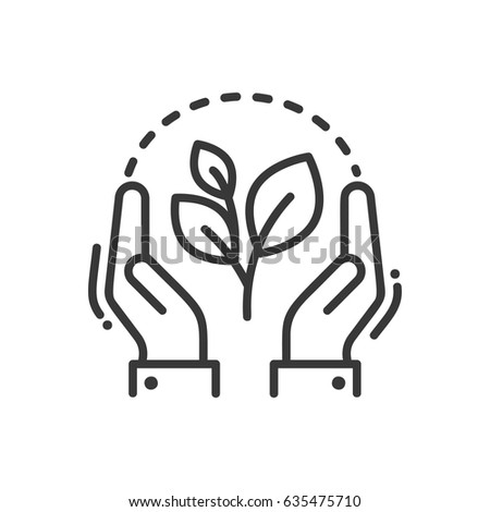 Plant of life - modern vector single line icon. An image of a green flower with hands around it . Representation of better future, hope, creation, eco lifestyle.