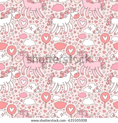 Pink unicorn. Hearts and stars. Seamless vector pattern background.