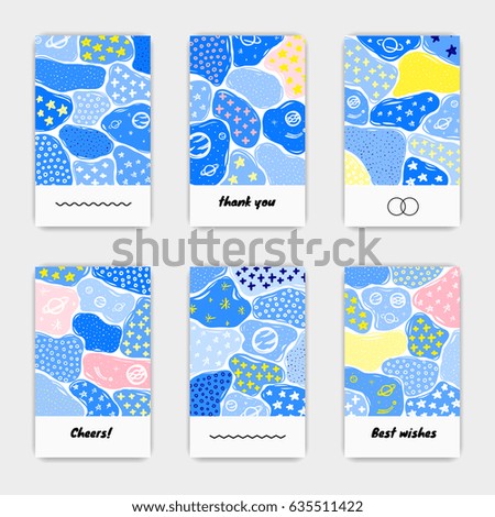 Set of unusual creative cards with hand drawn texture, dots, stars on space theme. Can be used for invitations, cards, posters, flayers, brochures, etc.