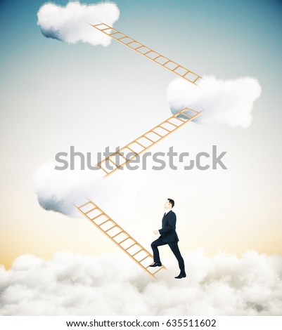 Side view of young businessman climbing abstract cloudy stairs on sky background. Success concept