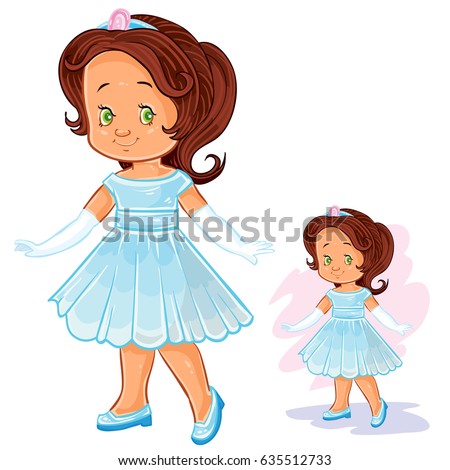 Vector clip art illustration with young girl in ballroom, period costume. Print, template, design element