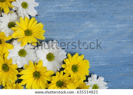 Flowers over painted wooden table. Flowers background for text. Floral background, flower border. Blossom flowers