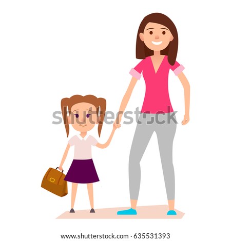 Little girl with two tails hairstyle and brown schoolbag keeps mother's hand. Vector illustration isolated on white background.