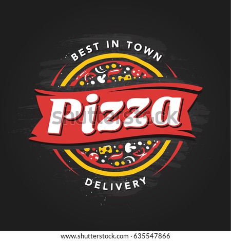 Pizzeria Vector Emblem on blackboard. Pizza  logo template. Vector emblem for cafe, restaurant or food delivery service.