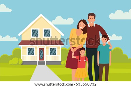 Happy young family near their home. Father, mother, son and daughter. - stock vector in the flat style.