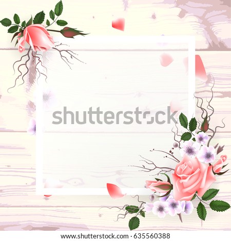 A square frame, a place for text with flowers of a pink rose, a petal on a wooden background. Can be used as a wedding invitation, birthday greeting card, engagement, thank you card.