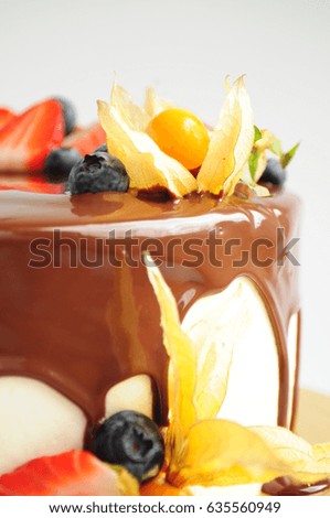 Cake in chocolate with strawberries, blueberries and physalis. Close-up. Picture for a menu or a confectionery catalog.
