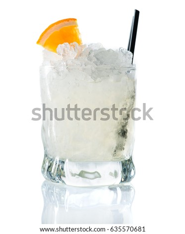 Alcoholic cocktail with vodka and ice isolated on white close-up, drink in glass of Old Fashion 