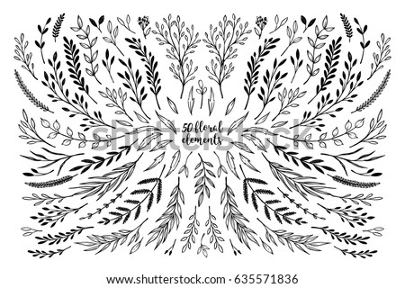 Hand sketched vector vintage elements ( laurels, frames, leaves, flowers, swirls, branches). Wild and free. Summer collection. Perfect for invitations, greeting cards, posters, prints etc