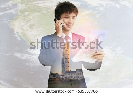 International business concept with handsome businessman Calling phone so happy smile on globe map background, Elements of this image furnished by NASA