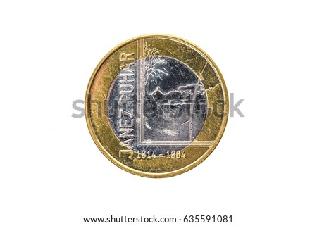 Used commemorative anniversary bimetal 3 euro Slovenia coin 2014. Worn out special three euro coin from Slovenia.